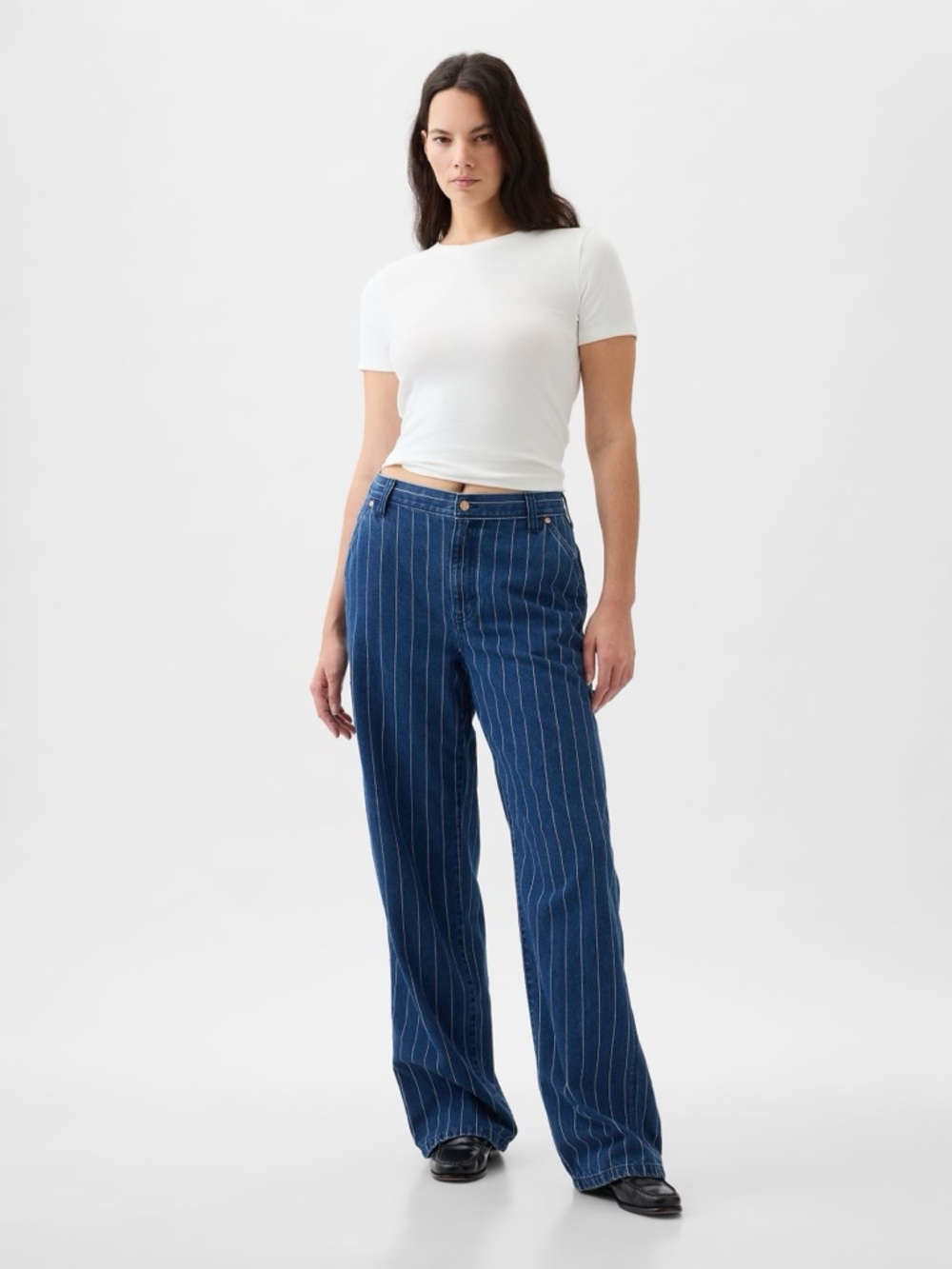 GAP 90s Loose Carpenter Mid Rise Jeans Medium Indigo Pinstripe Size 24